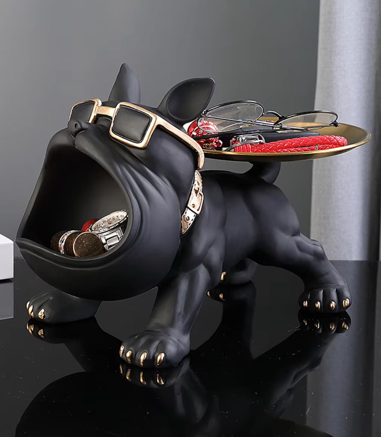 Black Bulldog Statue with Tray 20 cm