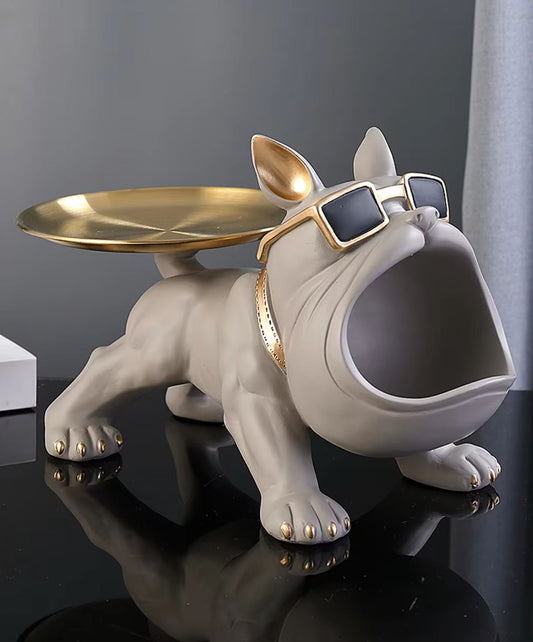 Gray Bulldog Statue with Tray 20 cm