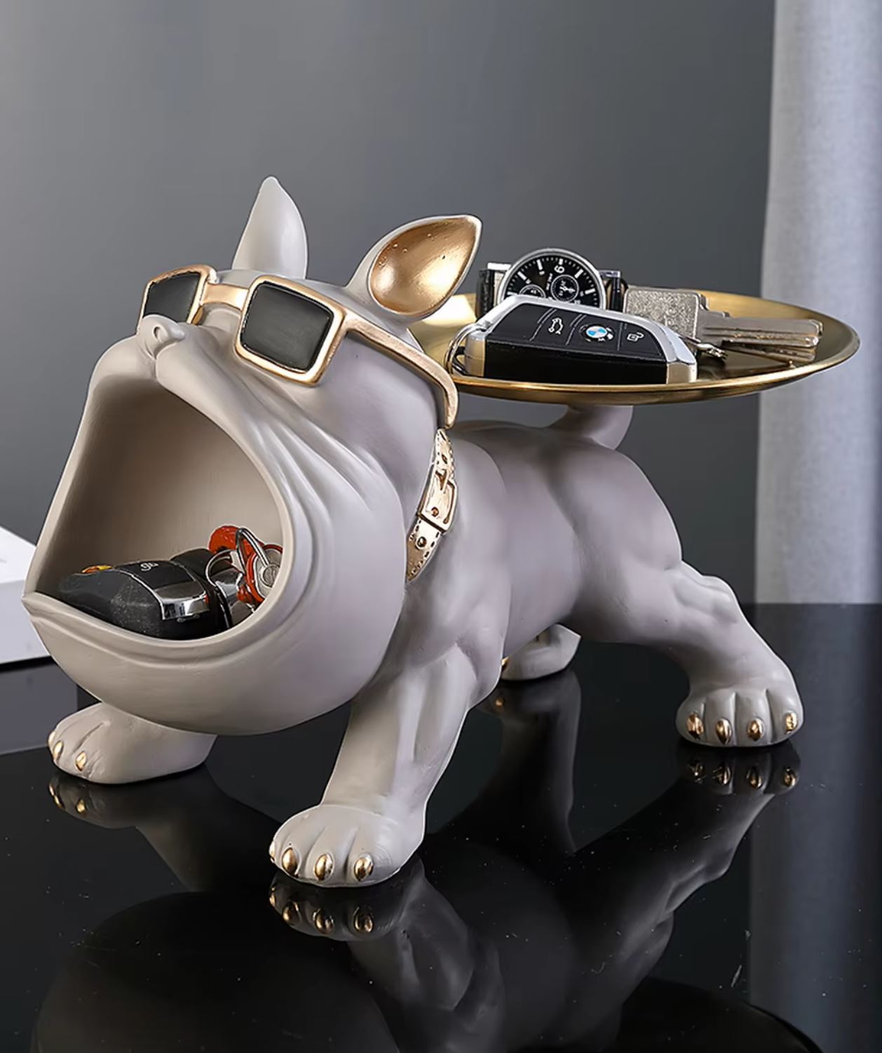 Gray Bulldog Statue with Tray 20 cm