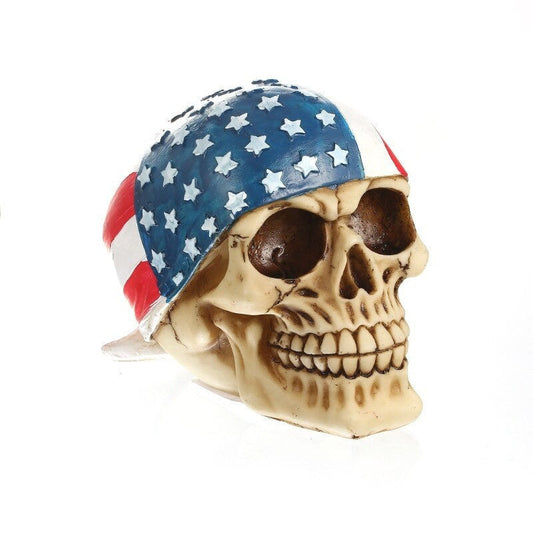 Biker Skull Statue, American Flag, 14 cm