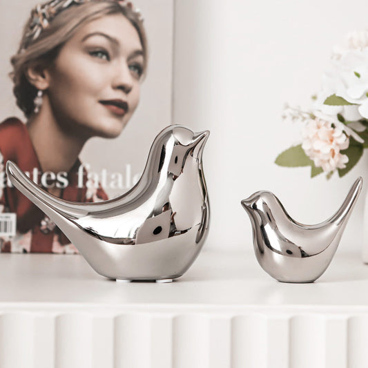 Silver Ceramic Bird Figurines