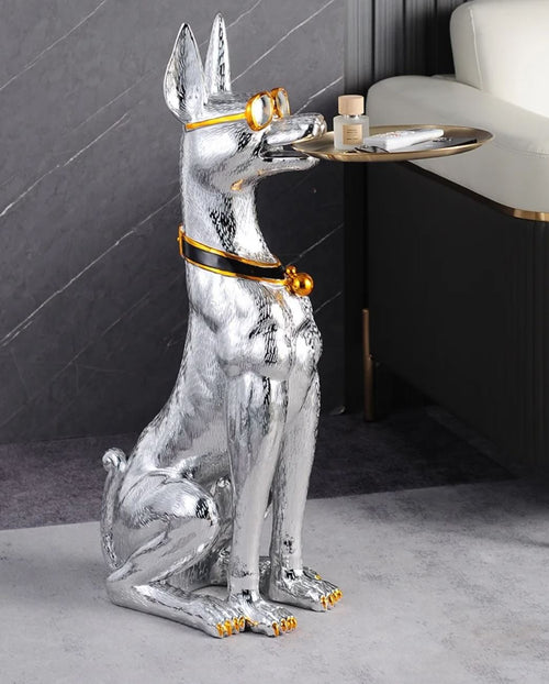 Doberman Side Table Statue, Silver, 75 cm