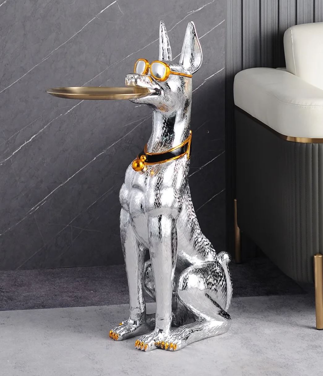 Doberman Side Table Statue, Silver, 75 cm