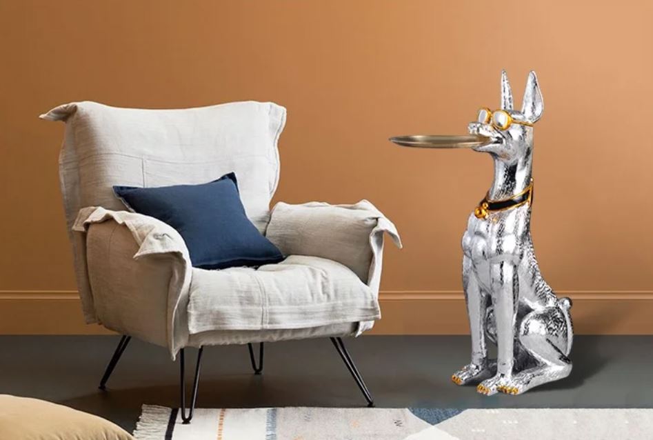 Doberman Side Table Statue, Silver, 75 cm