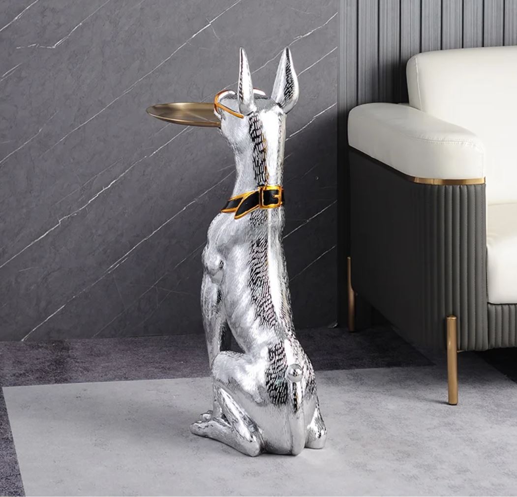 Doberman Side Table Statue, Silver, 75 cm