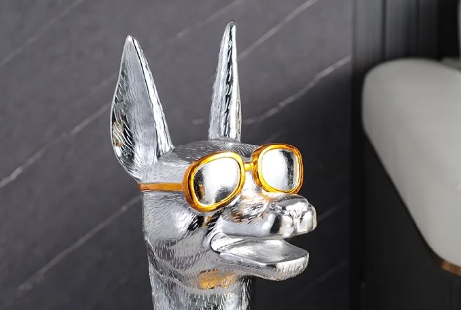 Doberman Side Table Statue, Silver, 75 cm
