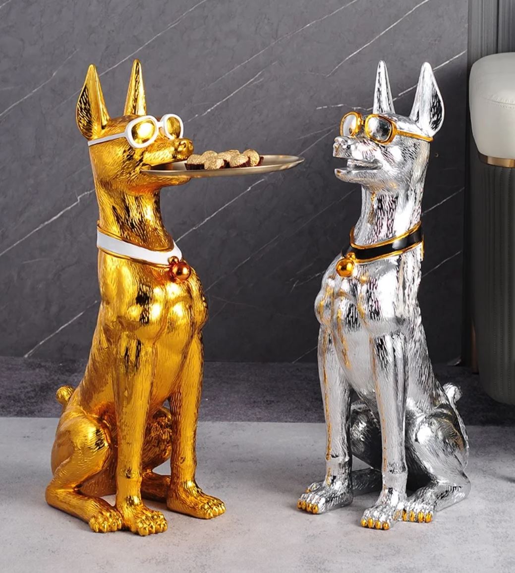 Doberman Side Table Statue, Silver, 75 cm