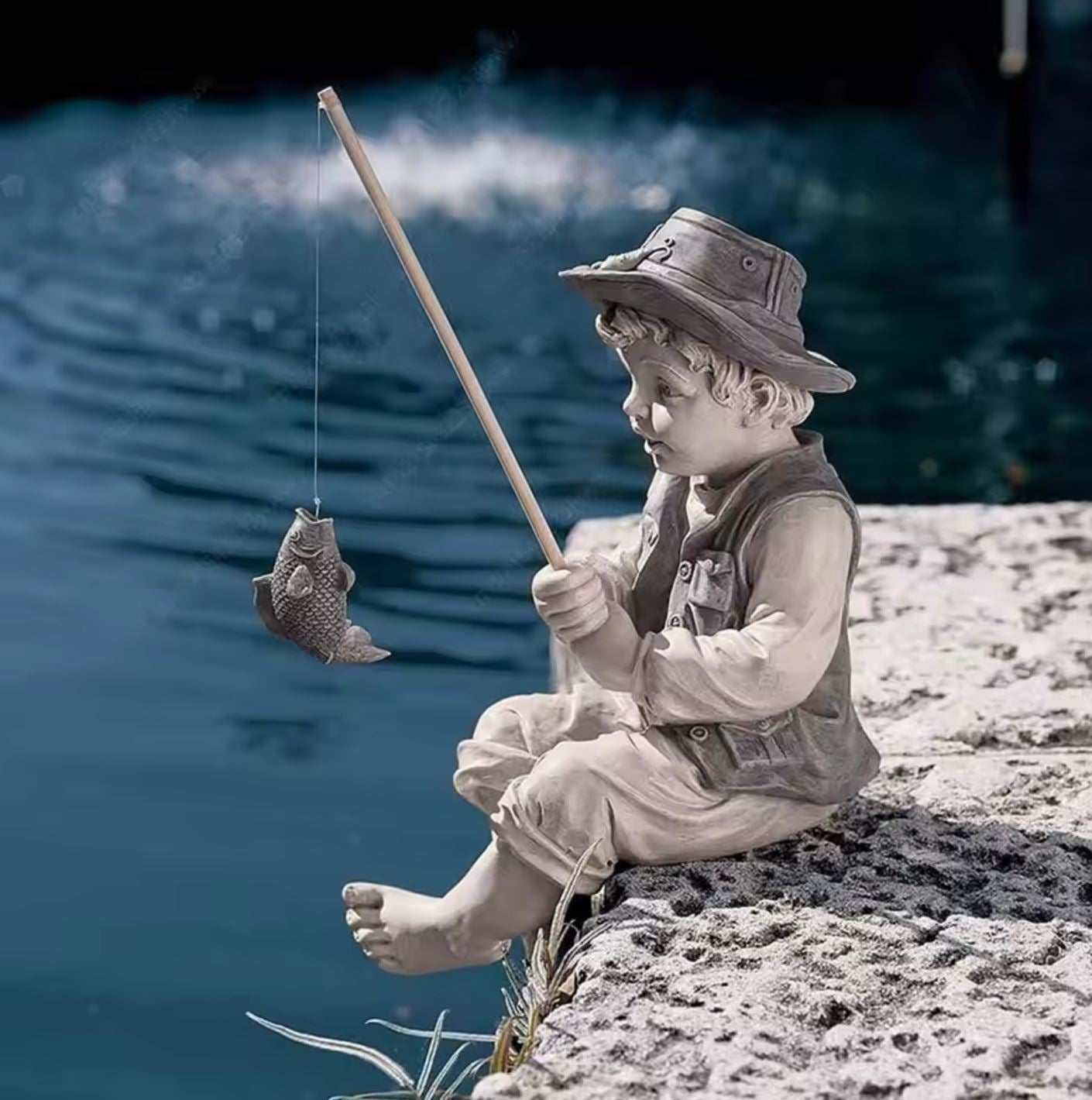 Boy Fisherman Statue for Outdoors 15 cm