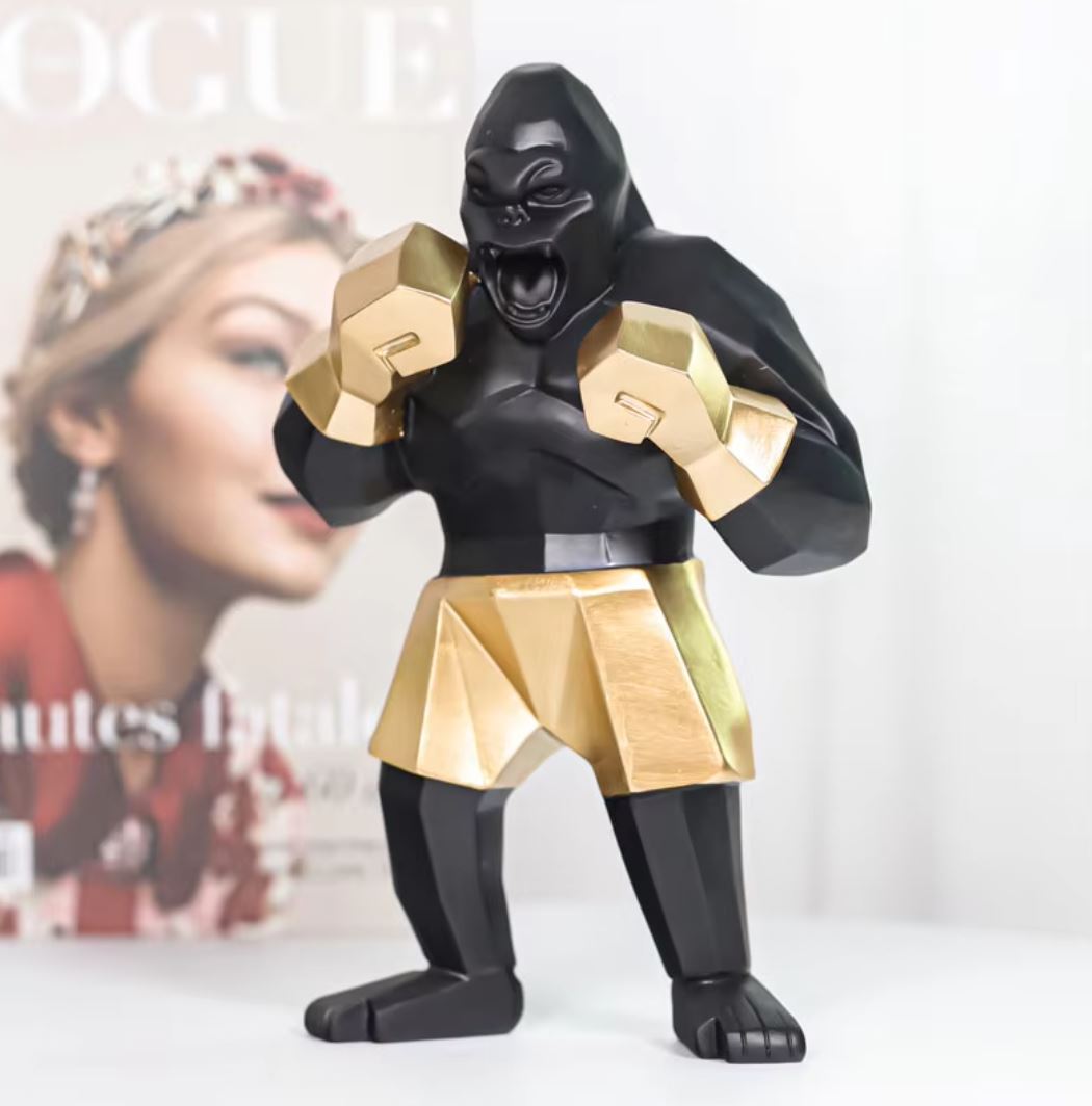 Boxer Gorilla Statue, Black / Gold, 25 cm