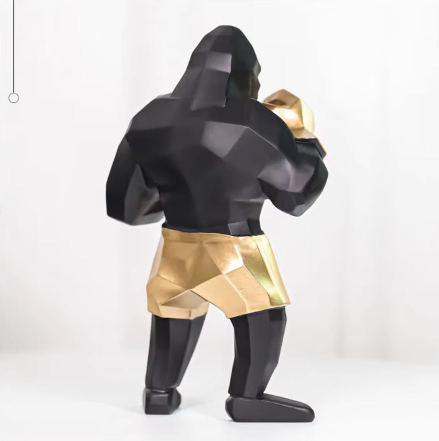 Boxer Gorilla Statue, Black / Gold, 25 cm