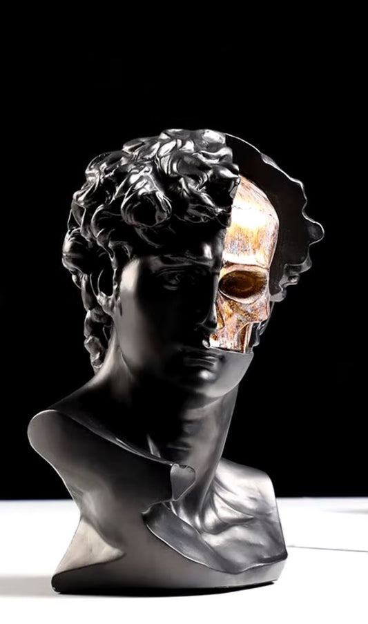 Black Greek Statue with Gold Skull 28 cm