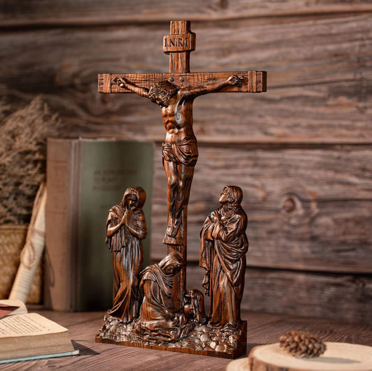 Crucifixion Scene Statue, Jesus Christ, in Wood, 25 cm