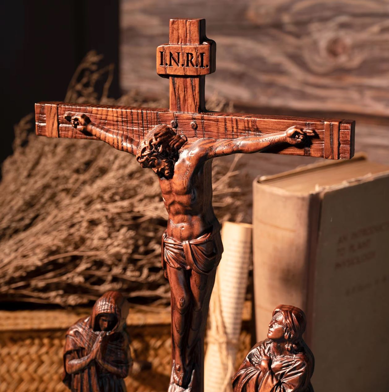Crucifixion Scene Statue, Jesus Christ, in Wood, 25 cm