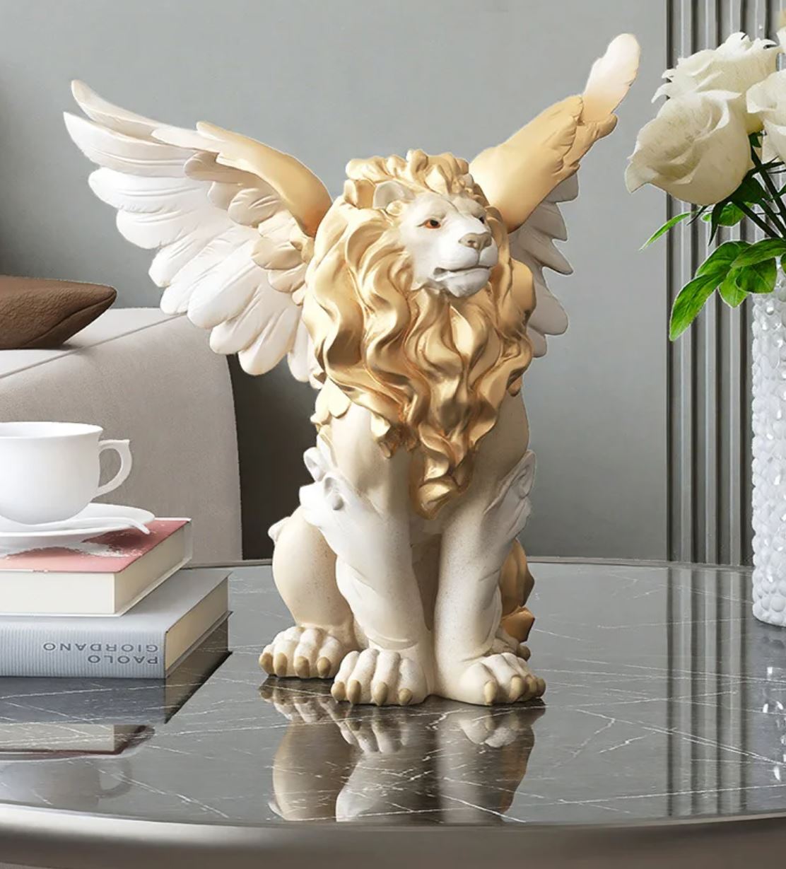 White & Gold Winged Lion Statue 27 cm