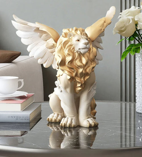 White & Gold Winged Lion Statue 27 cm