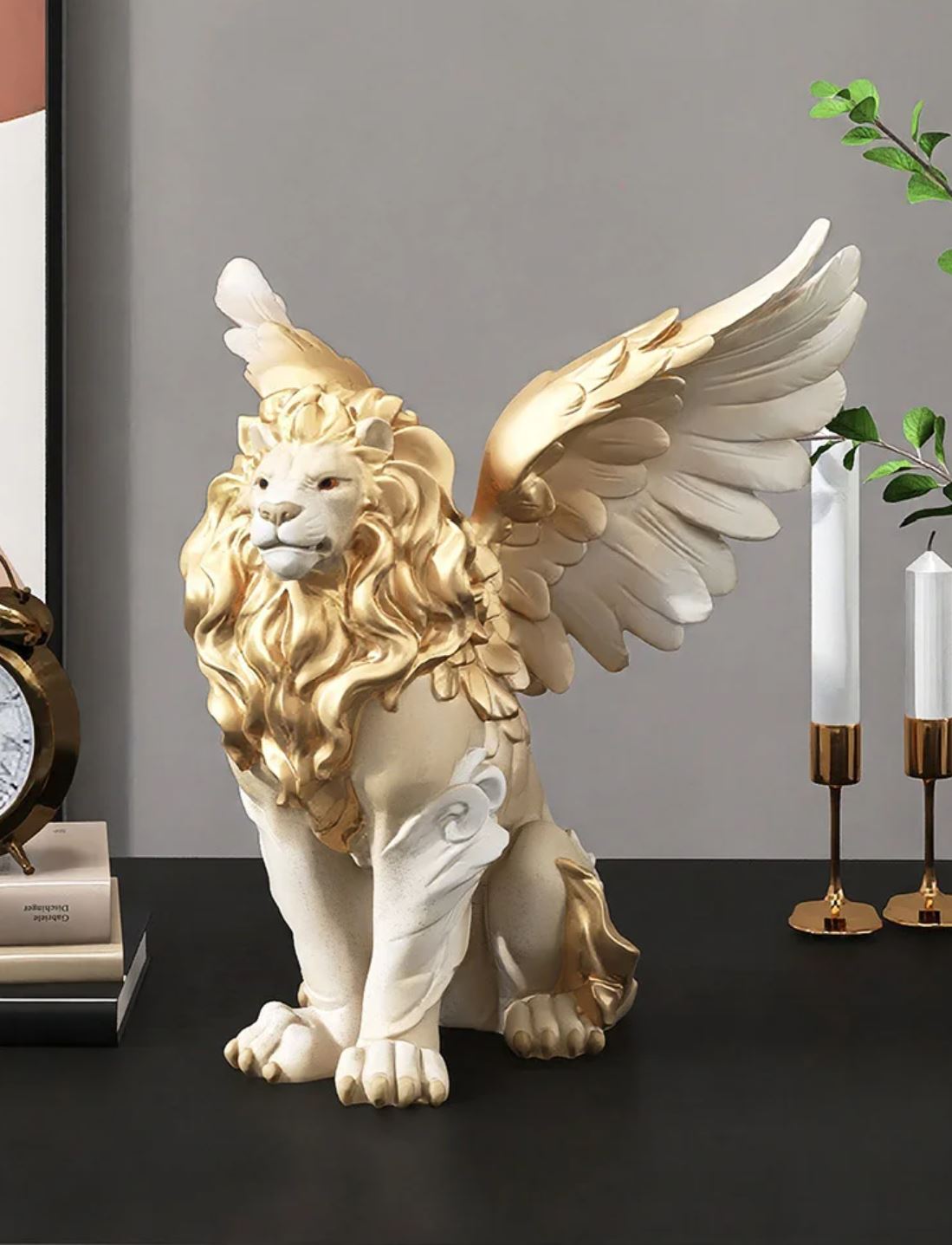 White & Gold Winged Lion Statue 27 cm