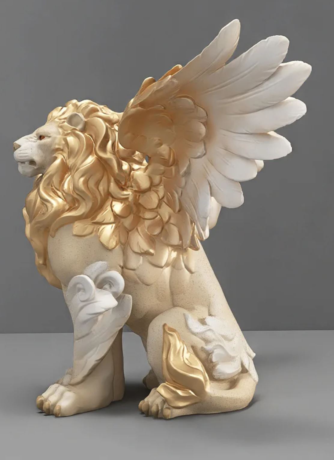 White & Gold Winged Lion Statue 27 cm