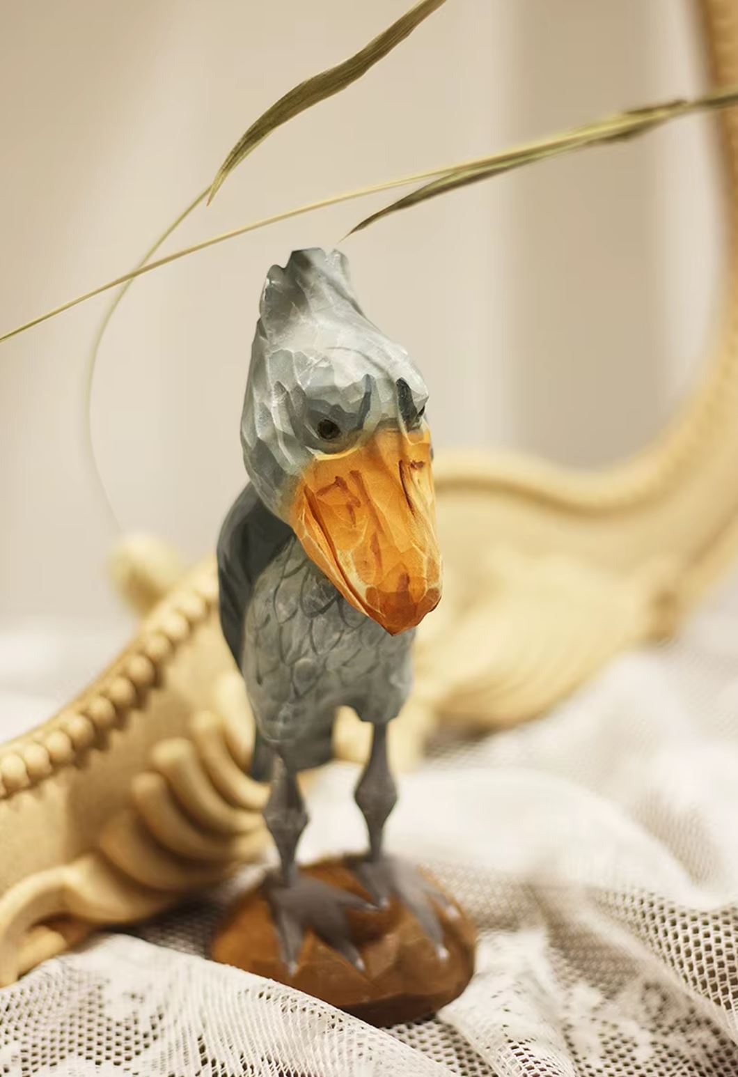 Wooden Whale-Headed Stork Bird Statue 16 cm