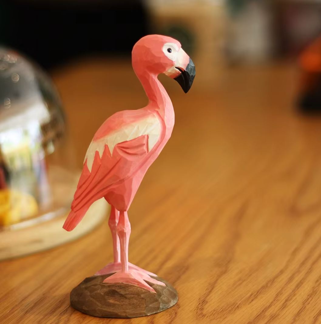 Wooden Pink Flamingo Bird Statue 16 cm