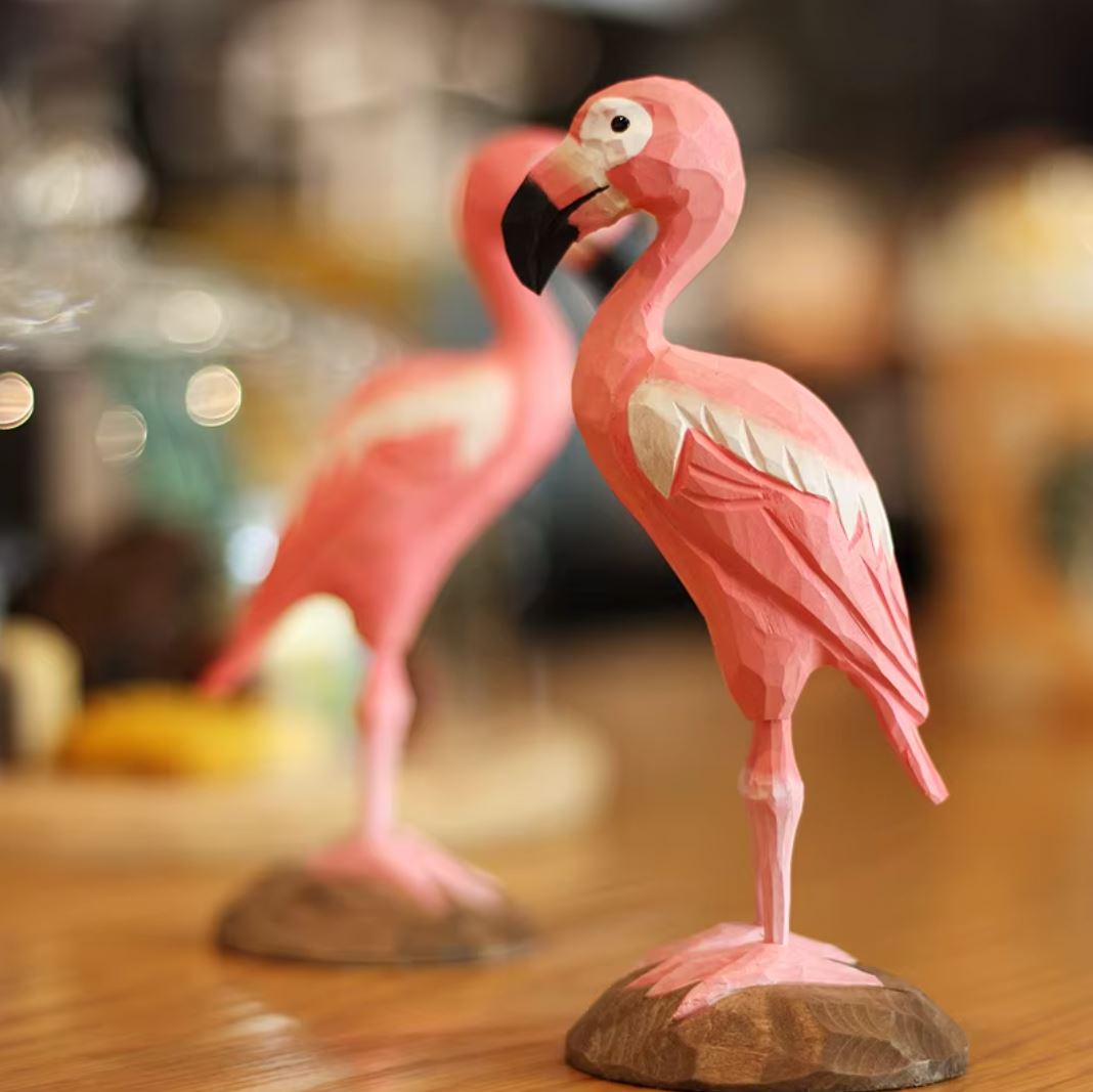 Wooden Pink Flamingo Bird Statue 16 cm