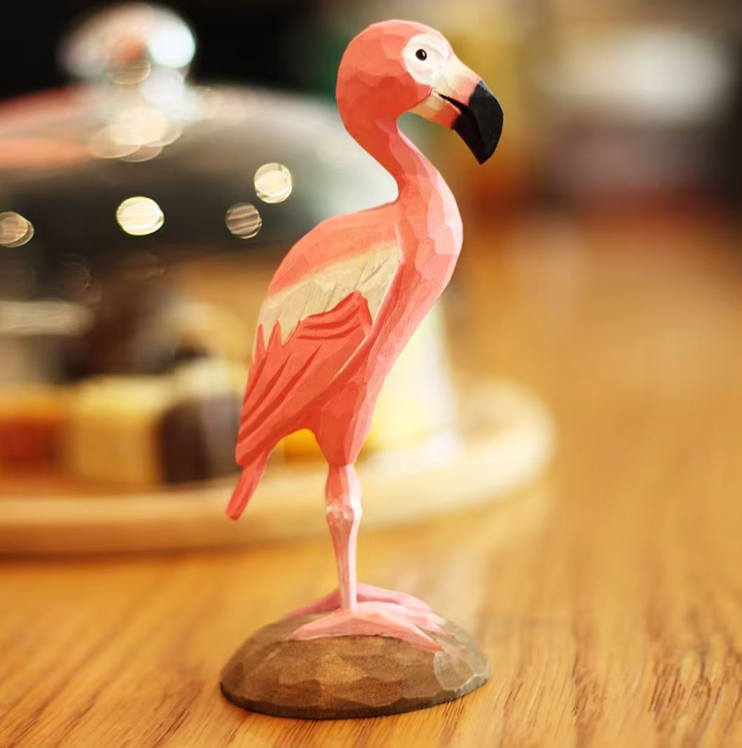 Wooden Pink Flamingo Bird Statue 16 cm