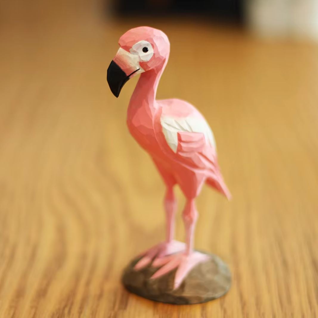 Wooden Pink Flamingo Bird Statue 16 cm