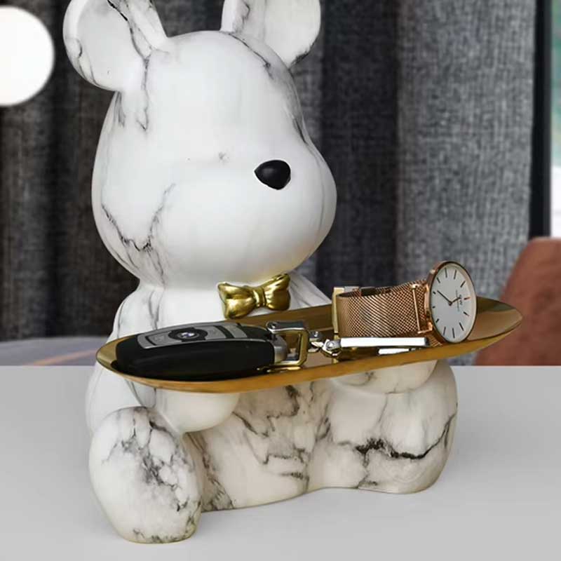 Bear Design Statue, Marble Effect, with Gold Tray – Decor Object 23 cm
