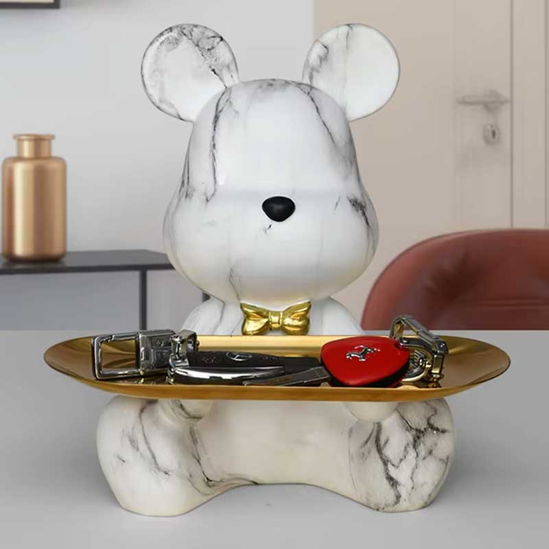 Bear Design Statue, Marble Effect, with Gold Tray – Decor Object 23 cm