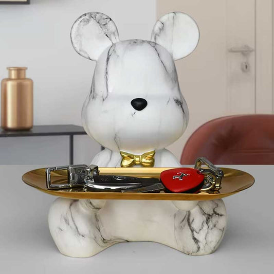 Bear Design Statue, Marble Effect, with Gold Tray – Decor Object 23 cm