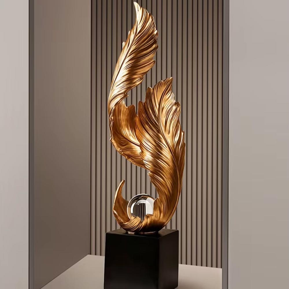 Gold Feather Design Statue on Base – 68 cm