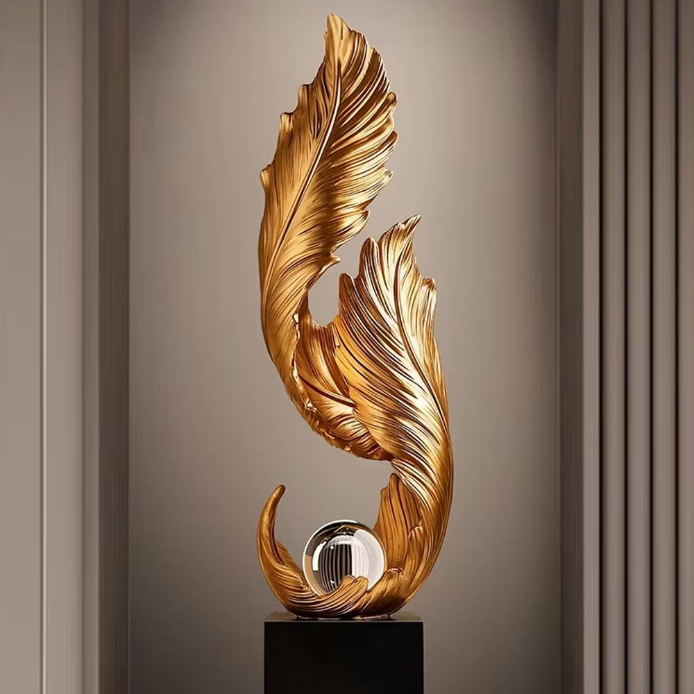 Gold Feather Design Statue on Base – 68 cm