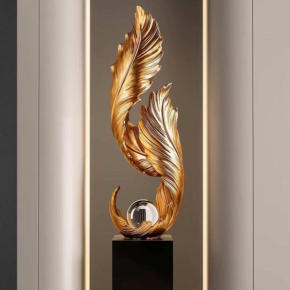 Gold Feather Design Statue on Base – 68 cm