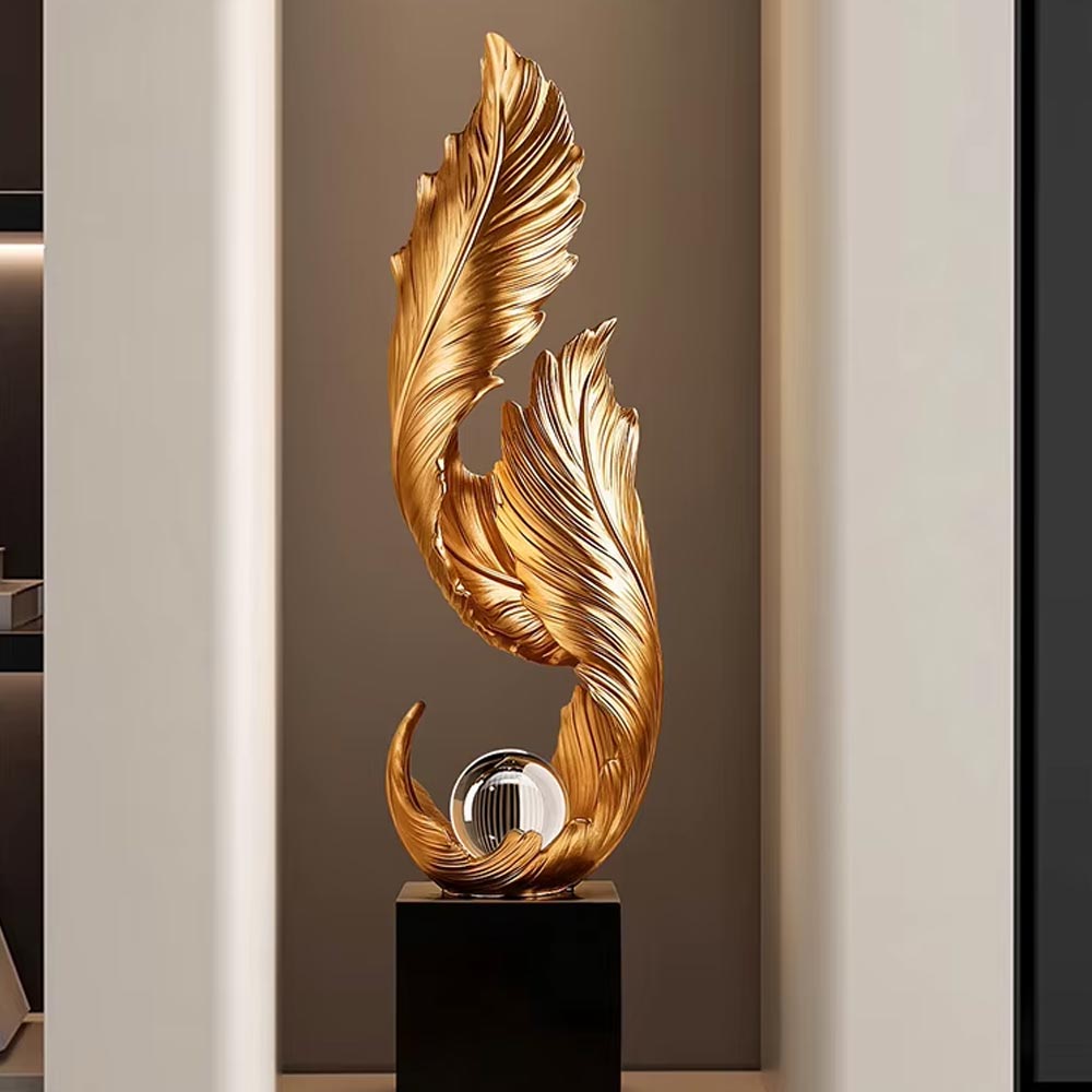 Gold Feather Design Statue on Base – 68 cm