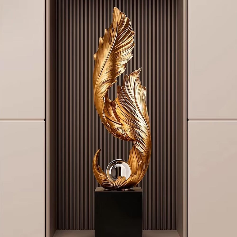 Gold Feather Design Statue on Base – 68 cm