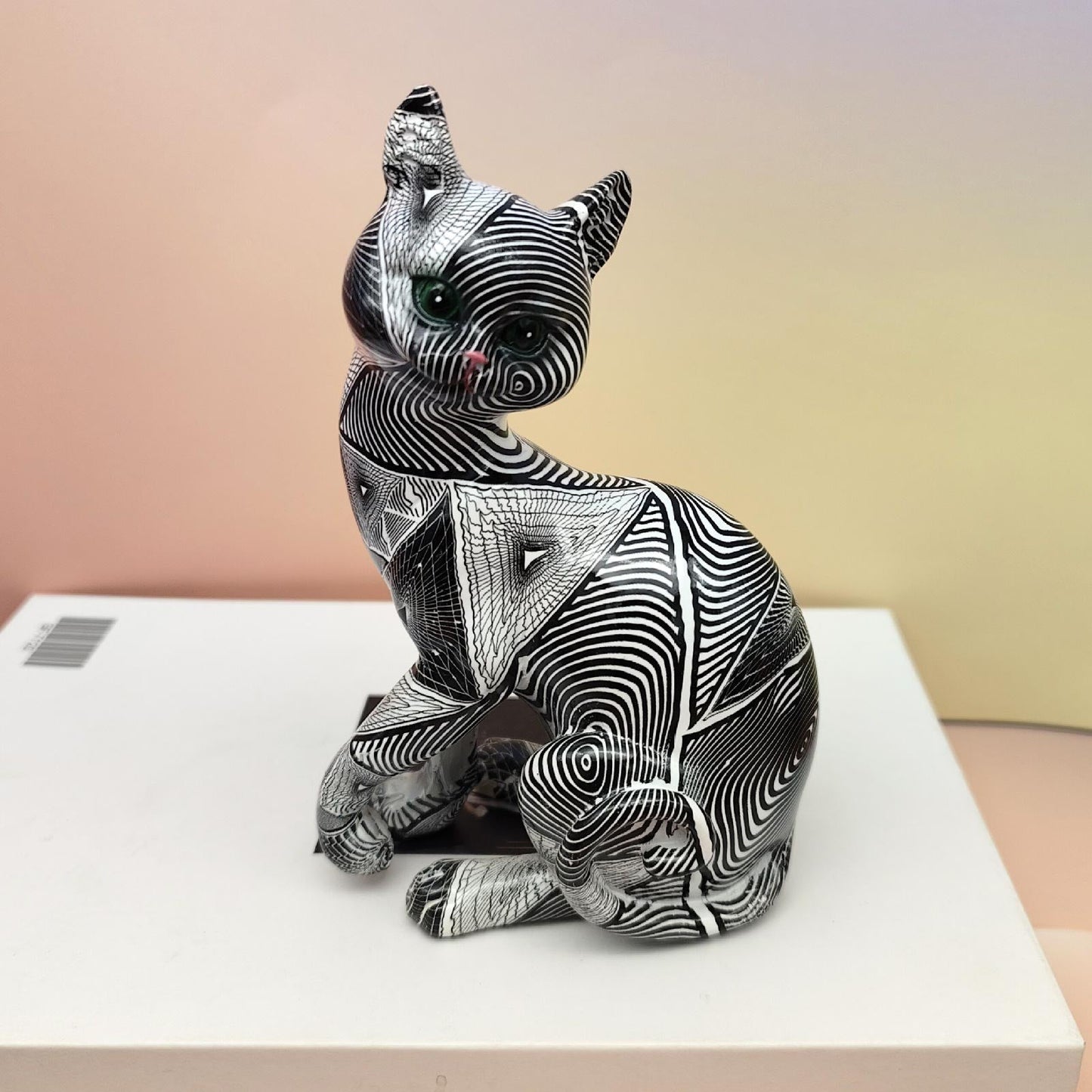 Sitting Cat Statue, Resin, Psychedelic, 17 cm