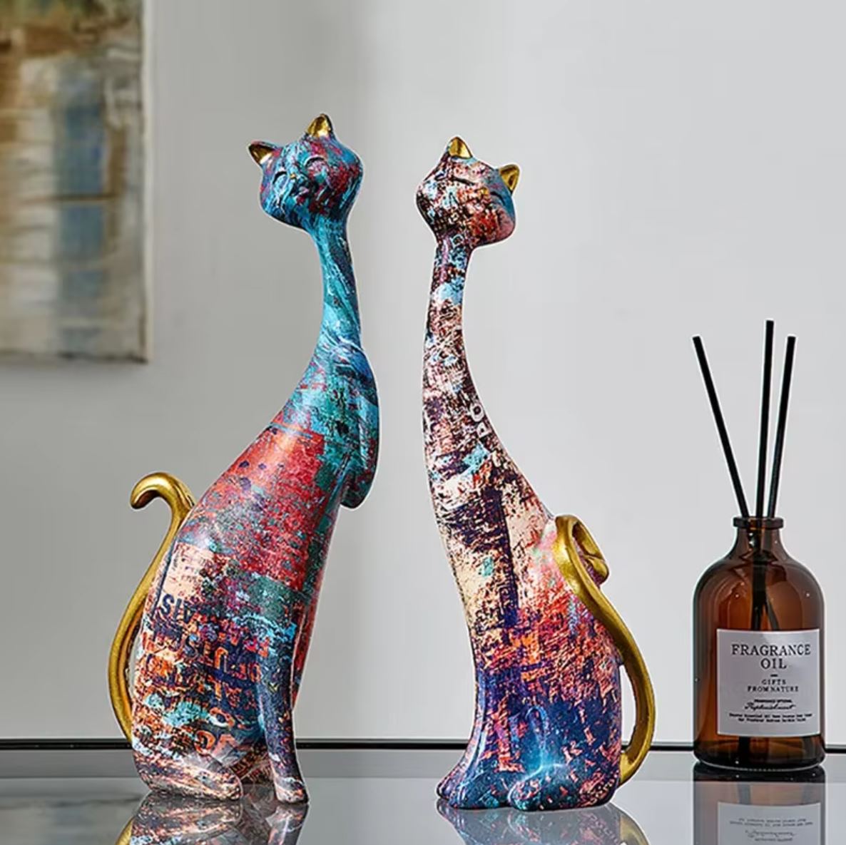 Cat Couple Statue, Graffiti, 24 cm