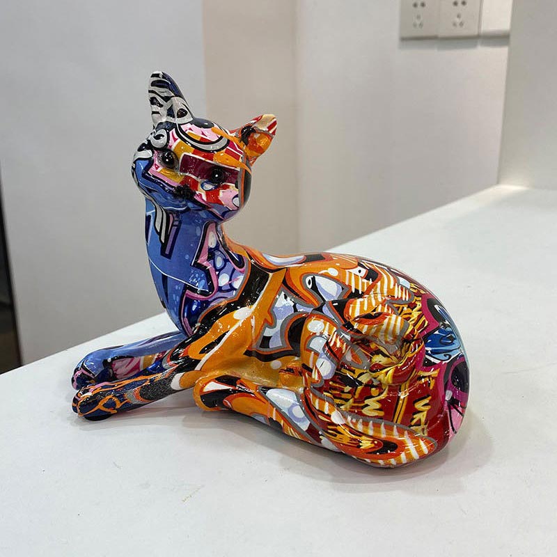 Lying Cat Statue, Resin, Graffiti, 14 cm