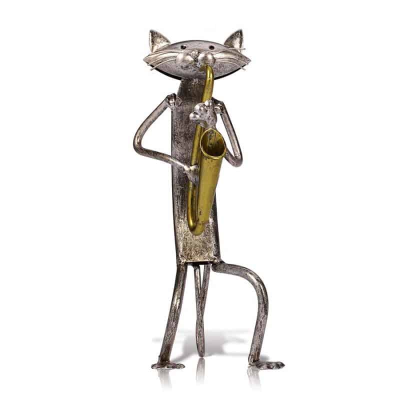 Cat Musician Statue in Metal, Saxophonist, 24 cm
