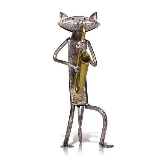 Cat Musician Statue in Metal, Saxophonist, 24 cm