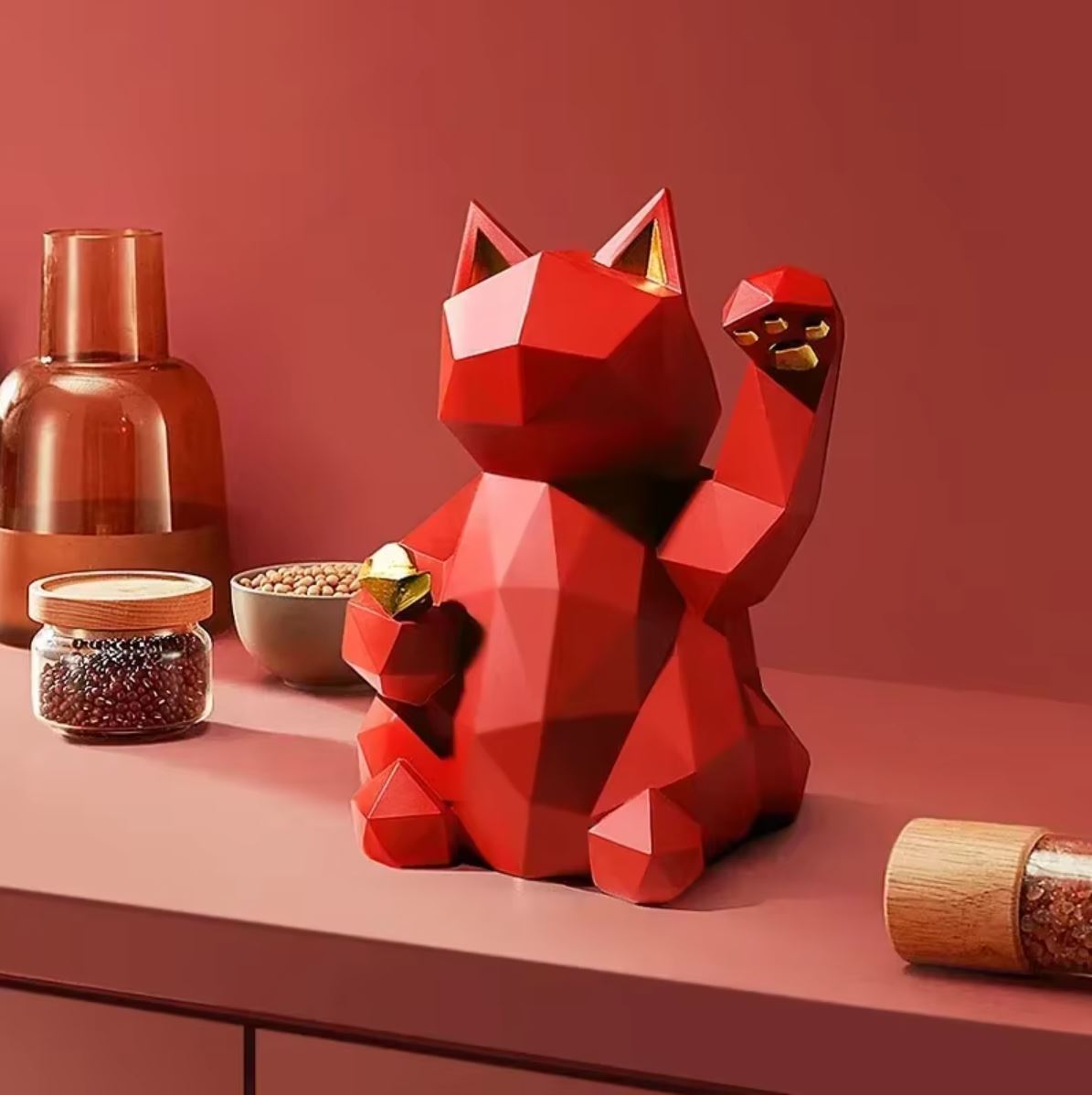 Origami Cat Statue, Red, 24 cm