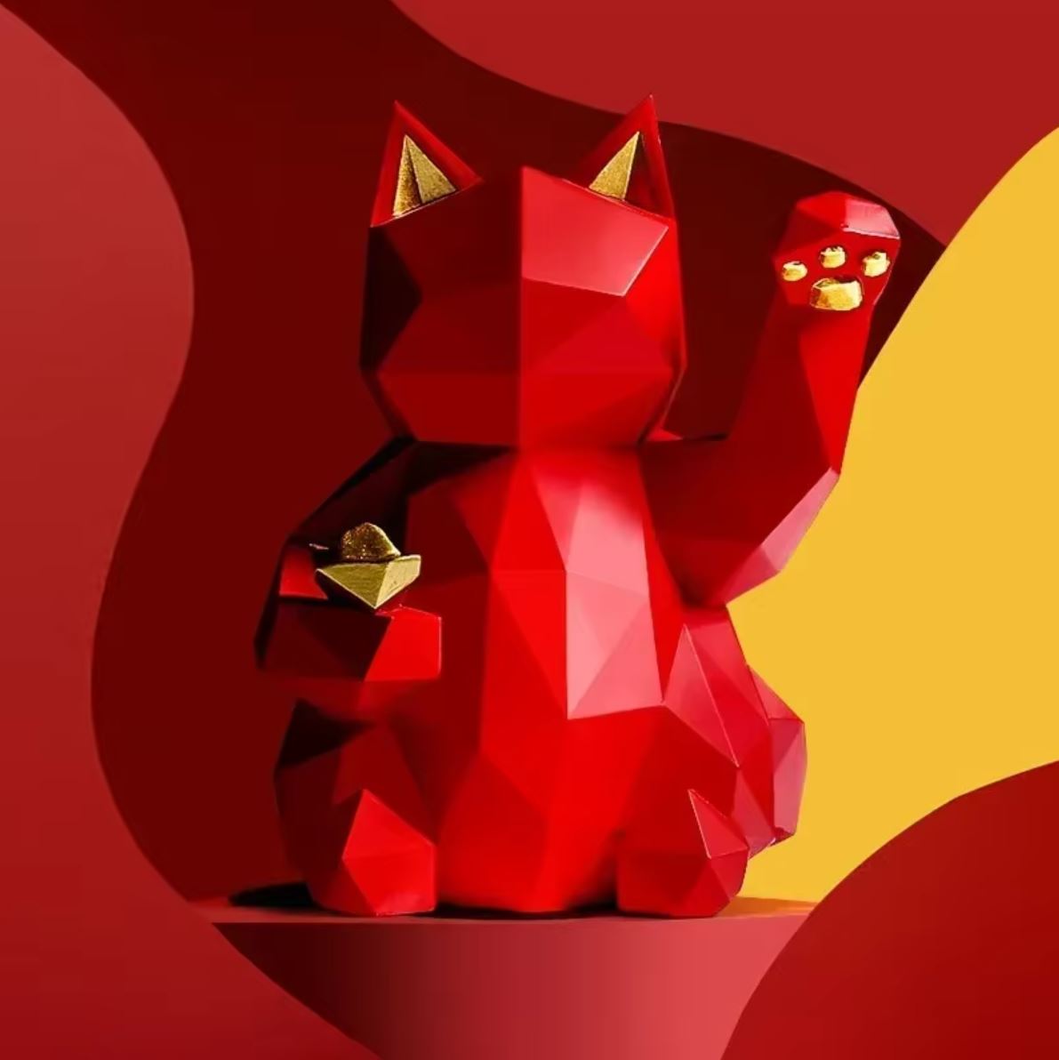 Origami Cat Statue, Red, 24 cm