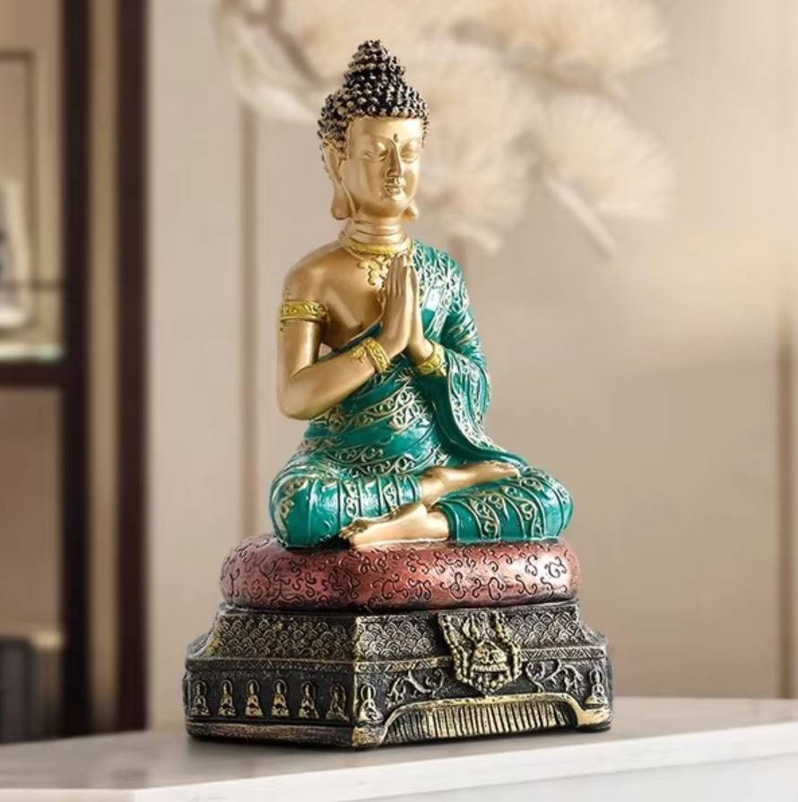 Amitabha Buddha Statue, Green / Gold, 23 cm