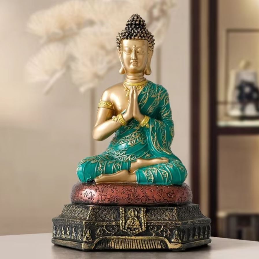 Amitabha Buddha Statue, Green / Gold, 23 cm