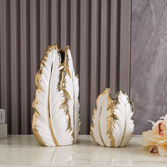 White & Gold Leaf Ceramic Vase 27 cm