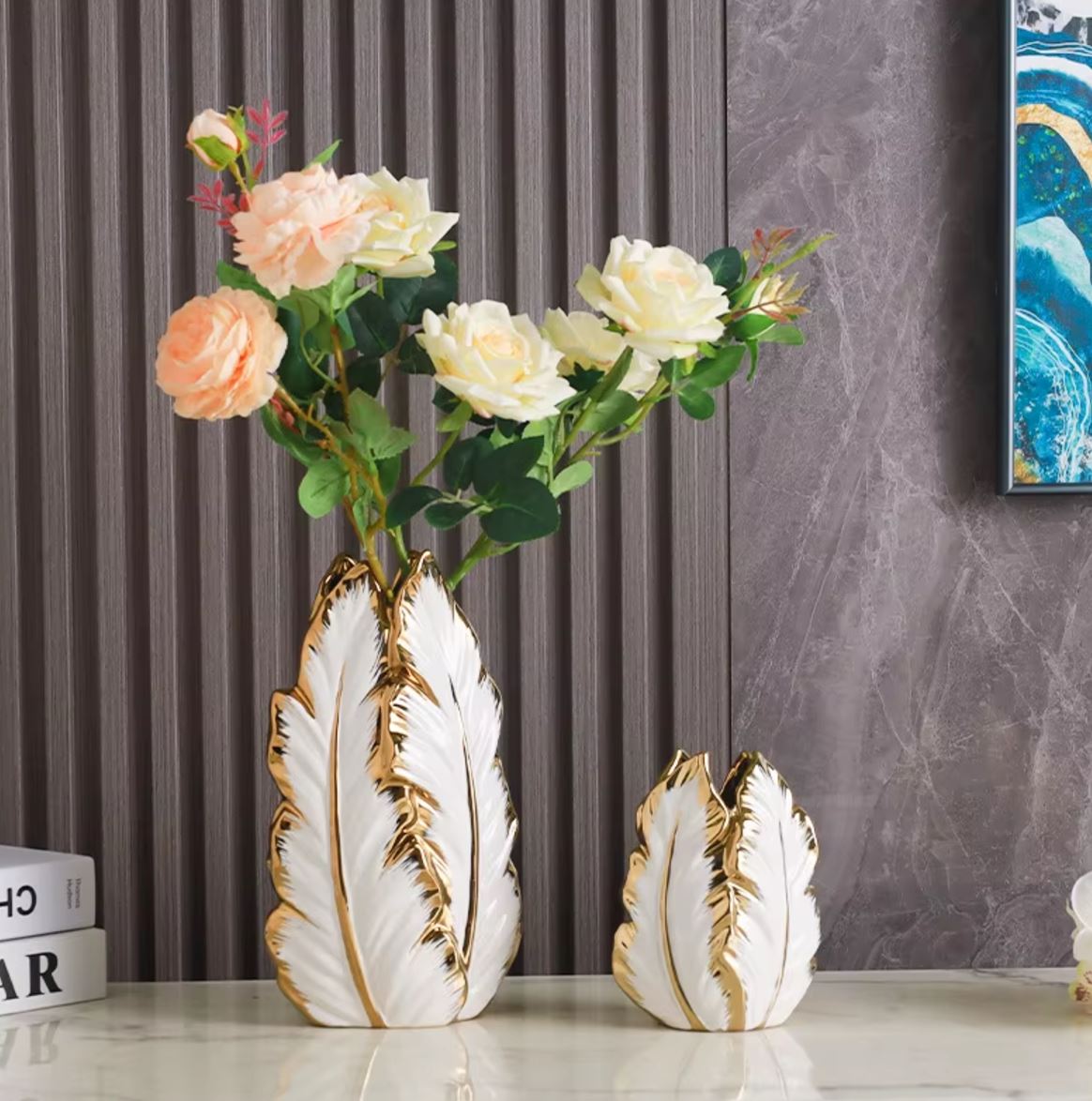 White & Gold Leaf Ceramic Vase 27 cm