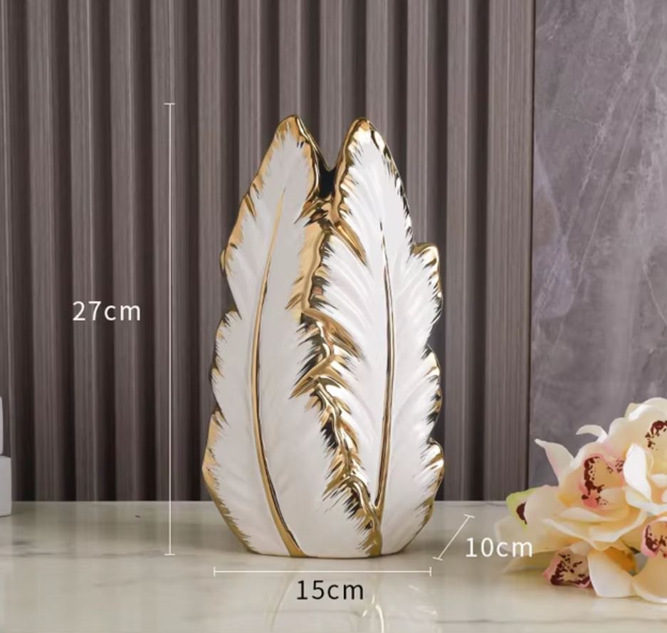 White & Gold Leaf Ceramic Vase 27 cm
