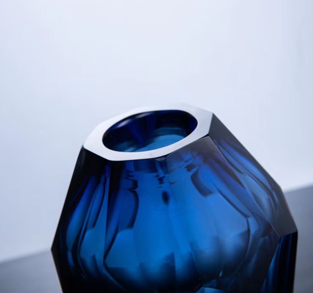 Blue Diamond-Shaped Glass Vase 19 cm
